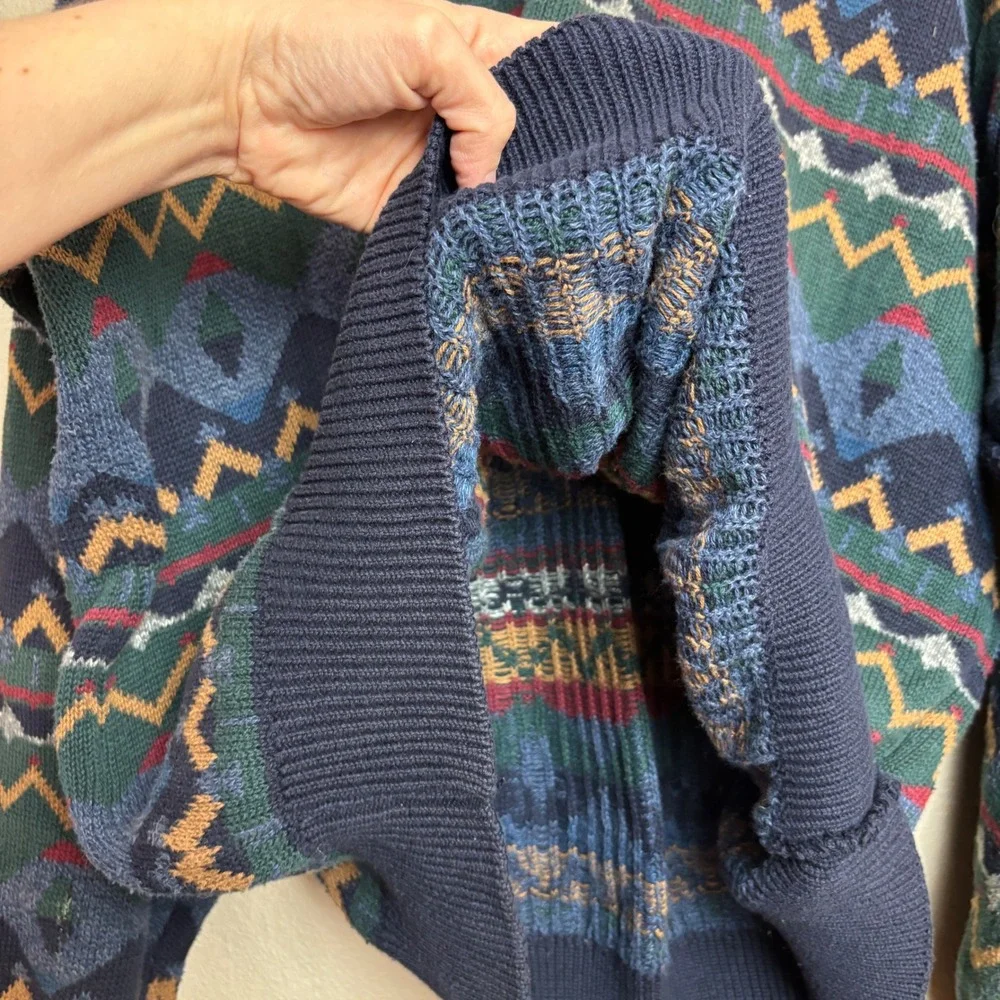 Vintage Mens Large L Cotton Geometric Knit Sweater USA Grandpa Eclectic‎ Blue